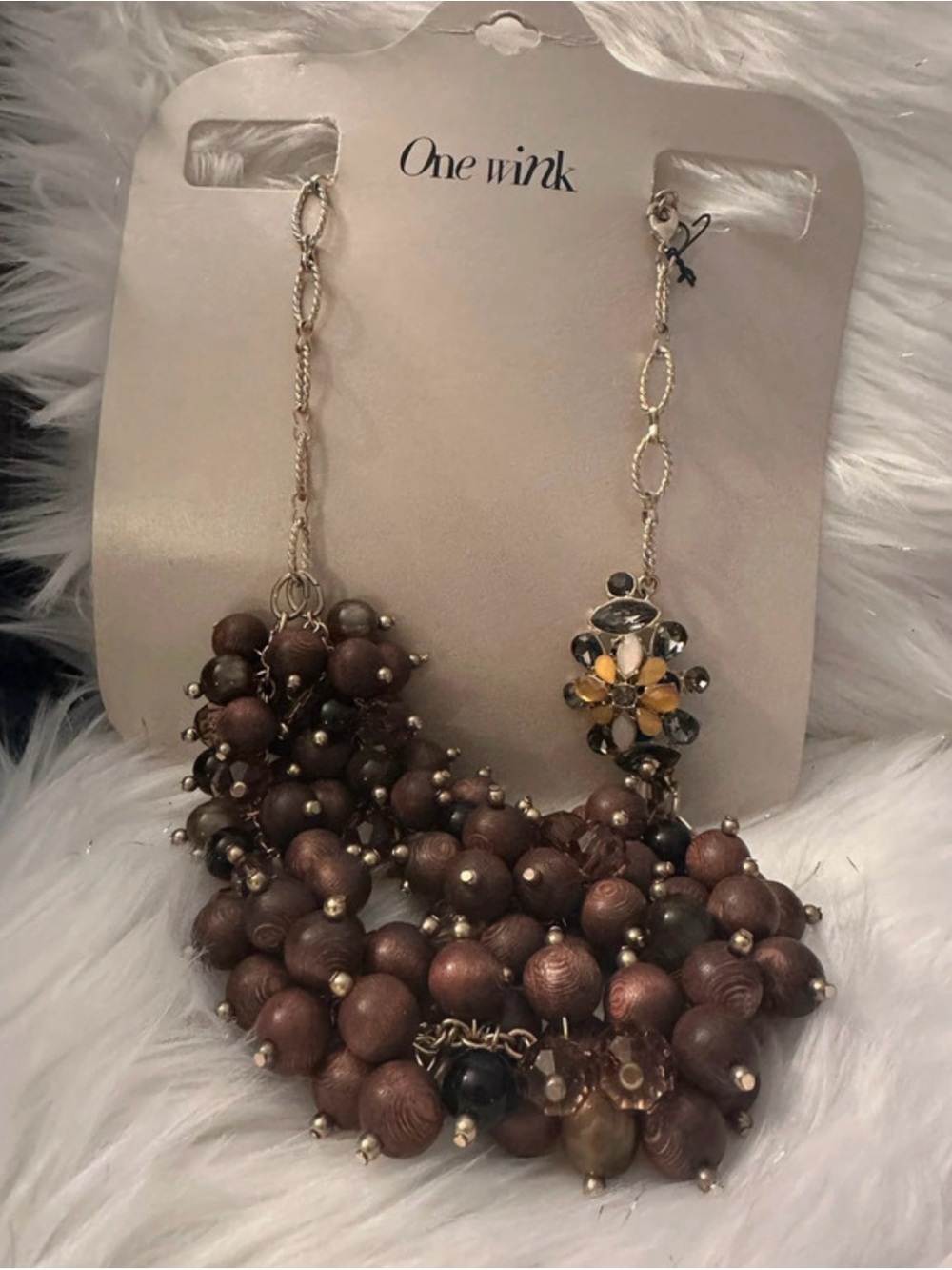 OneWink Brown Beaded Cluster Necklace with Floral Accent